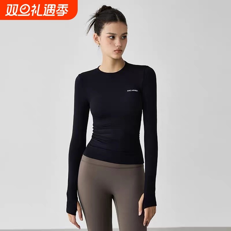 运动上衣女秋季新款瑜伽服长袖速干衣透气普拉提健身服女跑步黑色