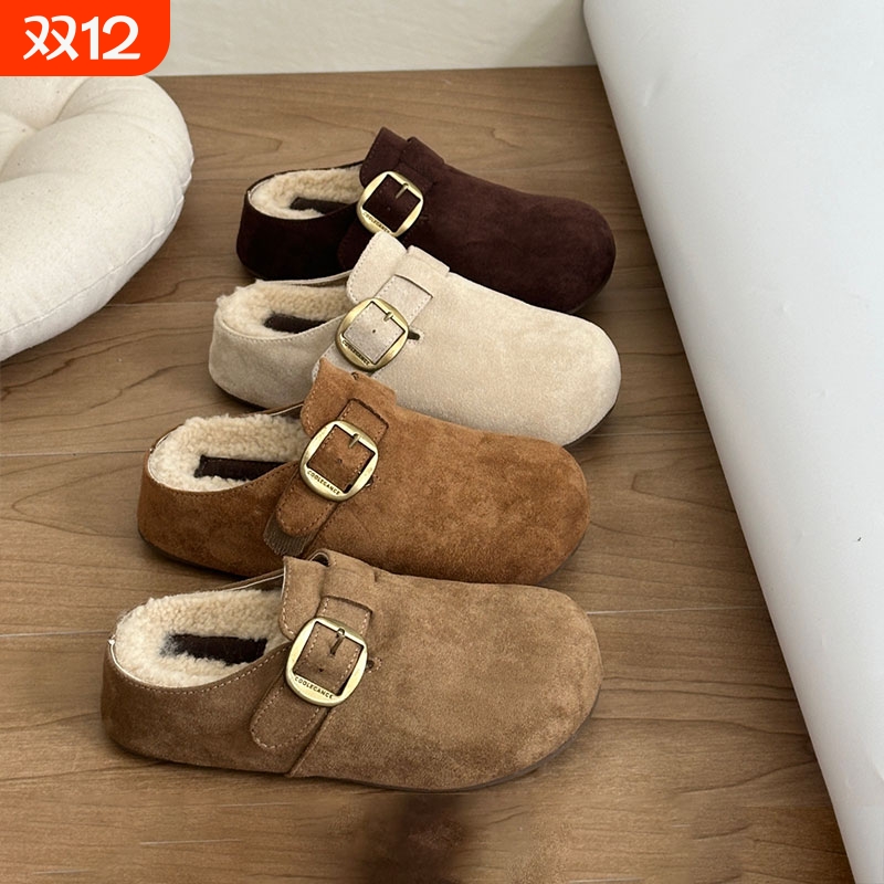 森系复古厚底内增高勃肯鞋女外穿防滑加绒保暖毛毛包头半拖鞋毛绒