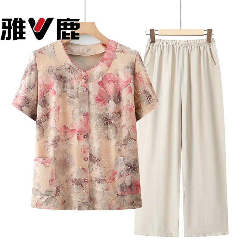 雅鹿奶奶衣服短袖衬衫夏季中老年人2026年夏装女上衣老太太妈妈装