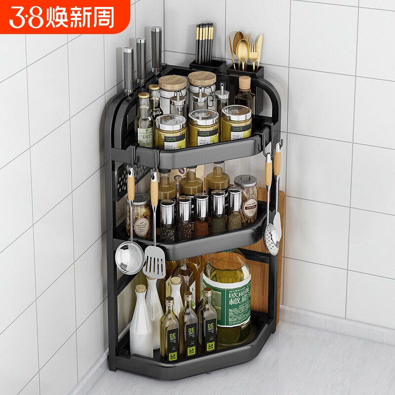 厨房转角置物架调味瓶刀具筷子免打孔收纳架台面墙角三角架调料架