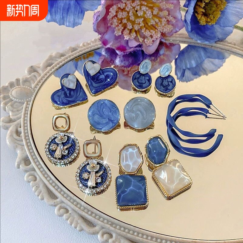 蓝色耳钉女2026年新款气质耳环爆款轻奢高级感耳坠耳饰紫色花朵