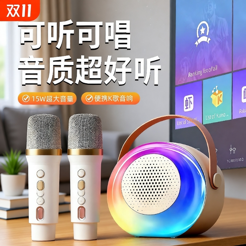 无线话筒音响一体机家用带灯光K歌音箱户外蓝牙音响