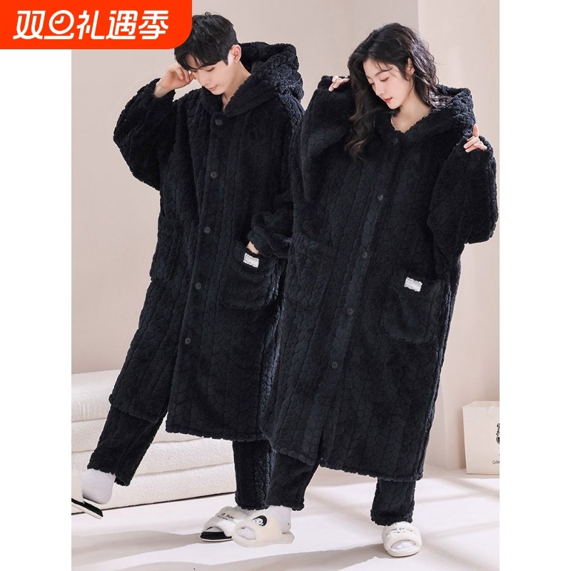 红豆秋冬季珊瑚绒连帽情侣睡衣男加绒加厚浴袍韩版可爱大码睡袍女