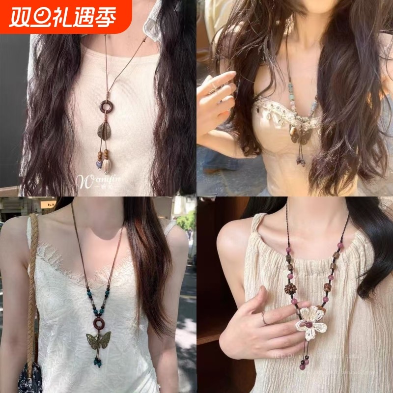 波西米亚复古蝴蝶串珠项链新中式国风女禅意叠戴百搭配饰吊坠花朵