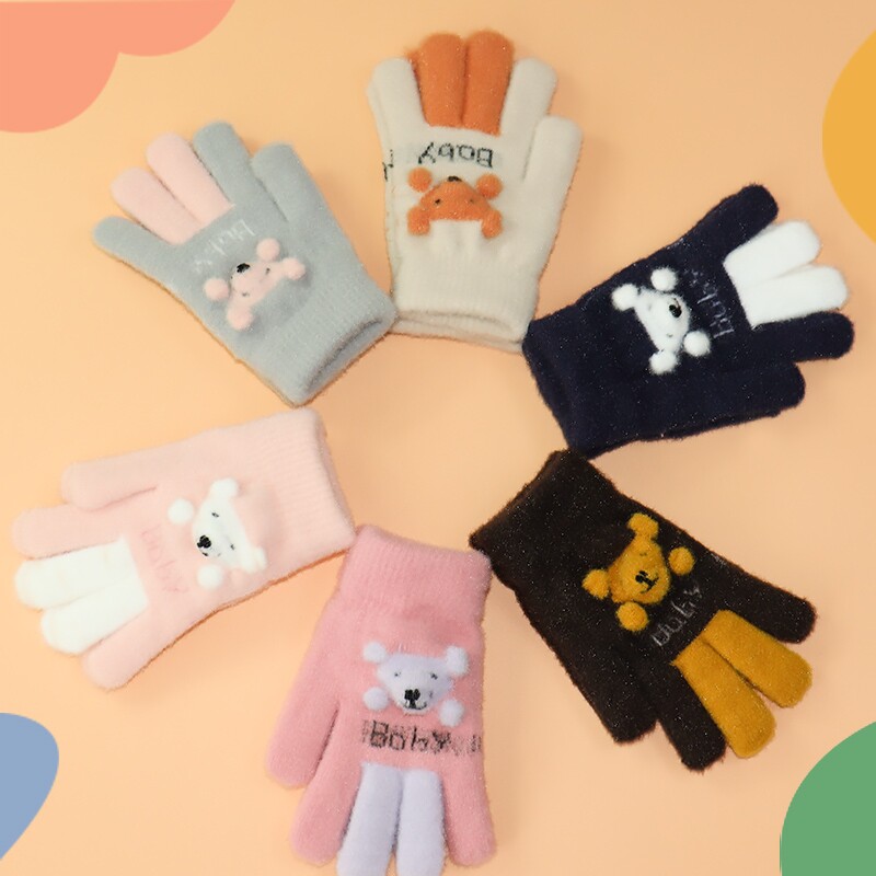 儿童手套五指秋冬季6-14岁小孩女童卡通熊保暖手套男童新款2025