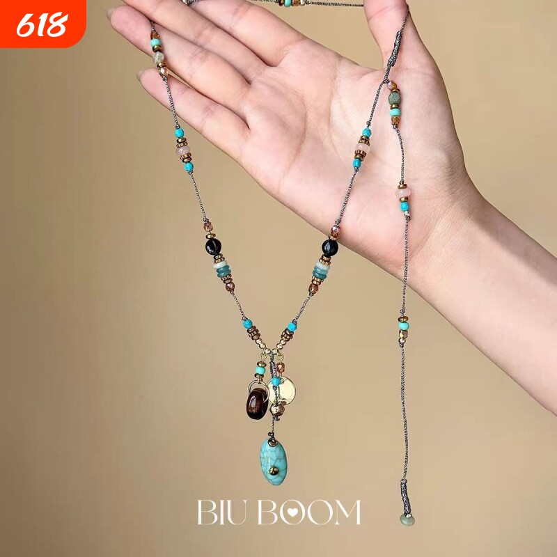 「biu boom」民族风绿色吊坠串珠项链复古个性小众简约锁骨链