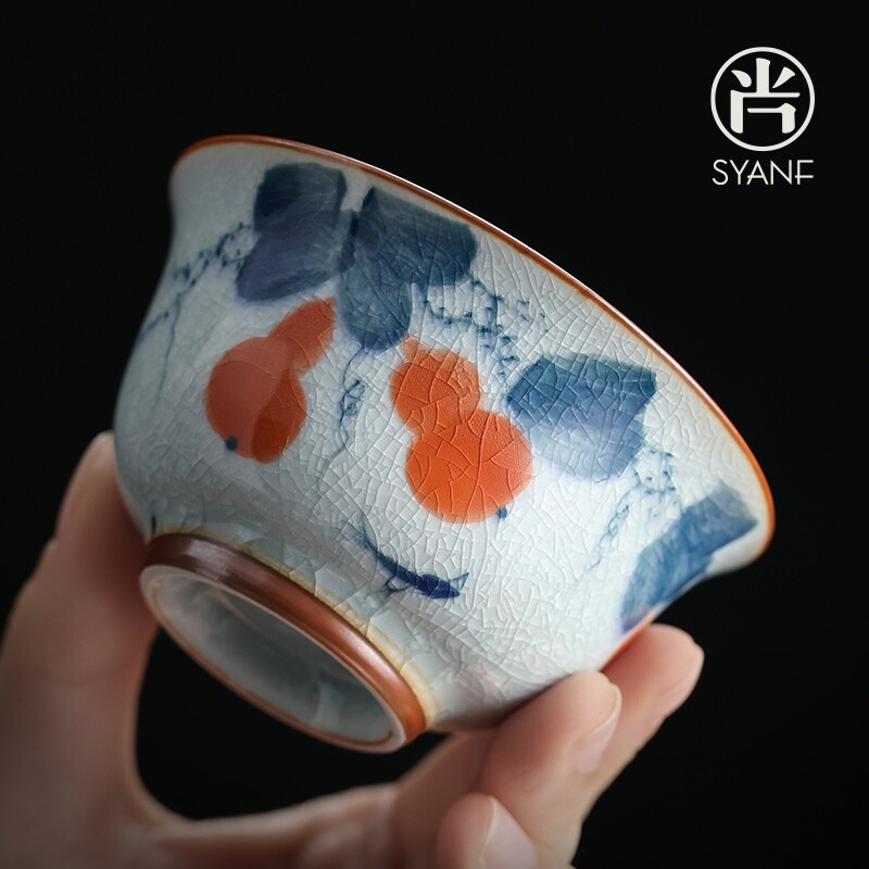 冰花汝窑手绘品茗杯家用功夫喝茶杯主人杯开片可养小茶杯单个小号