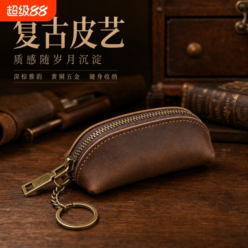 日系复古真皮零钱包小包疯马皮图片