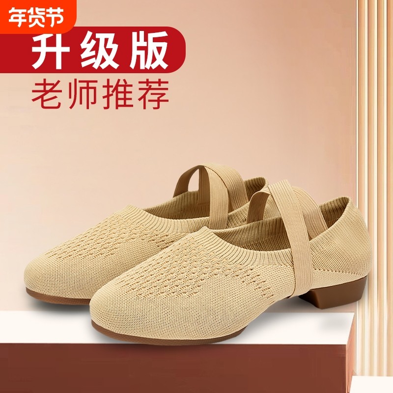 舞蹈鞋女软底教师练功鞋成人专业芭蕾舞飞织布免系带室外跳舞鞋