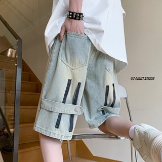 黄牛仔短裤男女夏季美式复古五分裤潮牌高街设计感拉链裤子工装