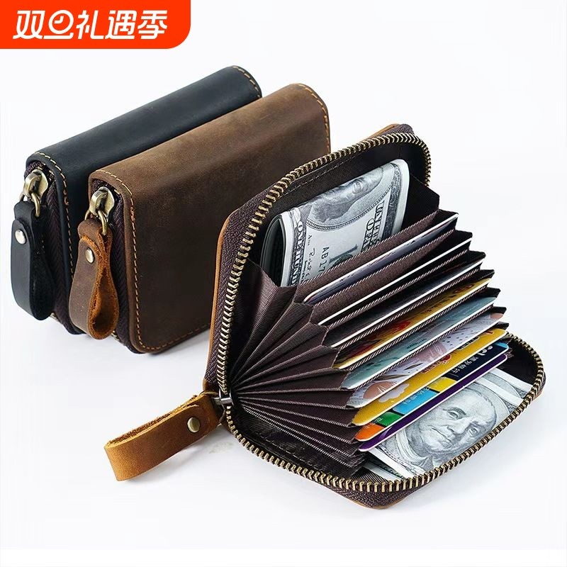 复古美式疯马皮卡包男士大容量2026新款多卡位身份证银行卡收纳包