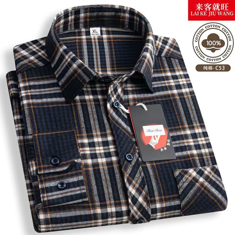 中老年男士纯棉100长袖格子衬衫休闲宽松爸爸衬衣秋季流行棉花