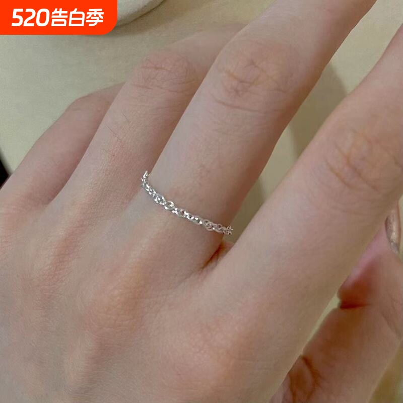 异彩蕾丝感美产14k包金超细水波链条随行戒指925纯银软戒不易褪