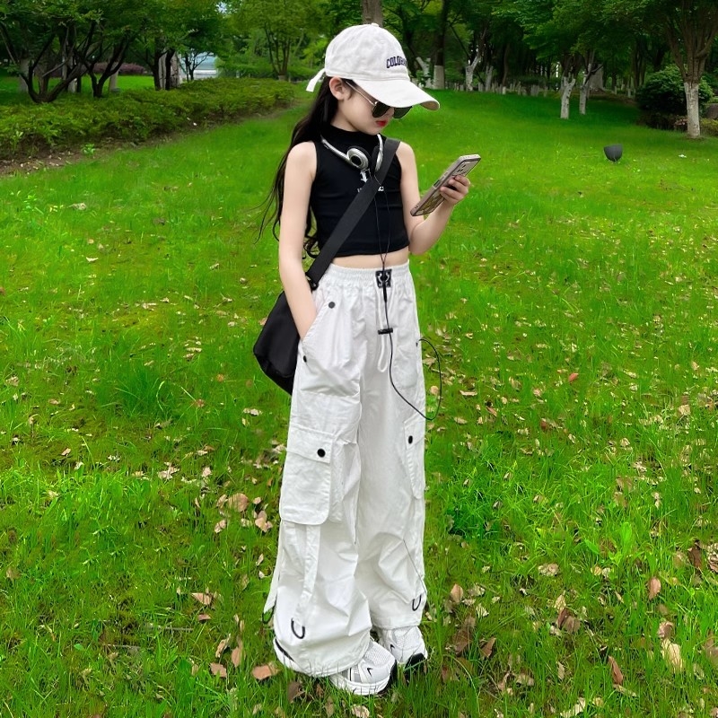 女童工装裤夏季薄款裤子2025新款高腰爵士舞百搭运动休闲阔腿长裤