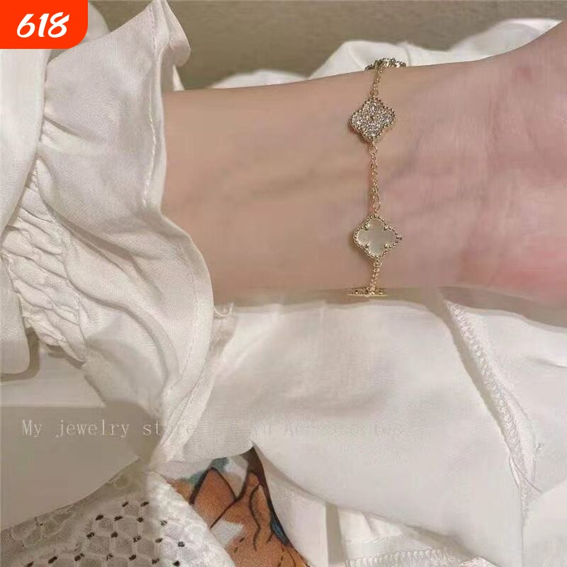 双面贝壳锆石四叶草手链女 轻奢ins镀金网红小众微镶锆石轻奢手链