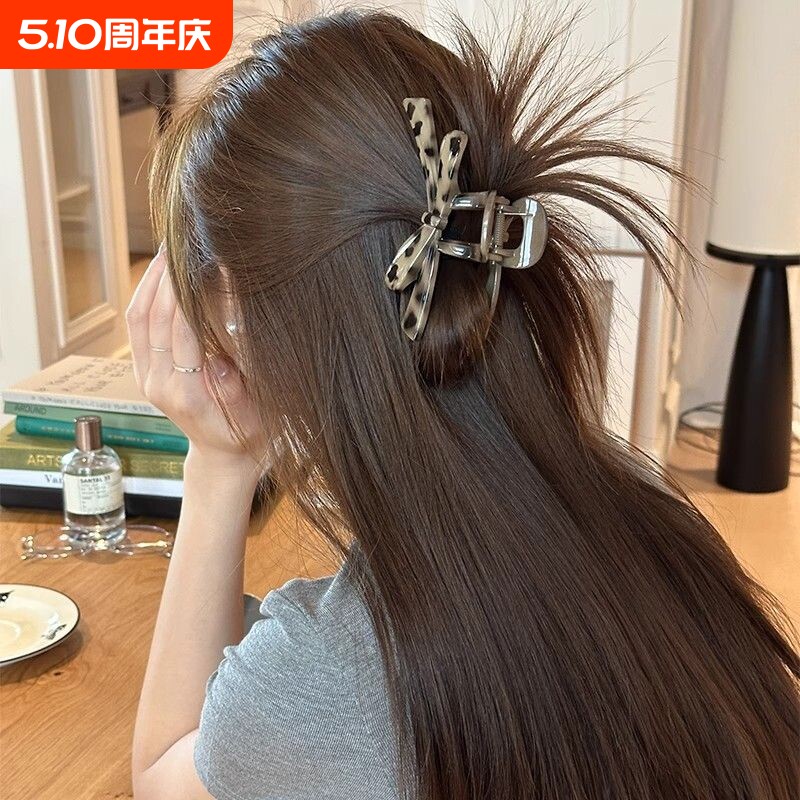 抓夹发夹鲨鱼夹超大号半扎发蝴蝶结女高级感豹纹韩系气质头红色