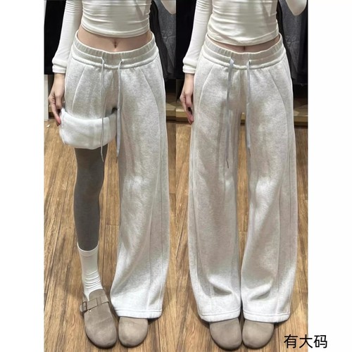 加绒阔腿裤子女秋冬季2025新款窄版直筒运动休闲卫裤灰色流行加长