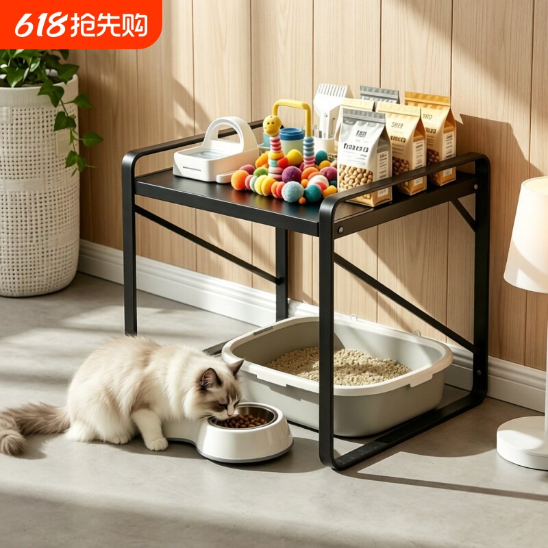 猫食堂猫窝置物架猫粮罐头宠物用品收纳架猫砂盆下空式铁架子客厅