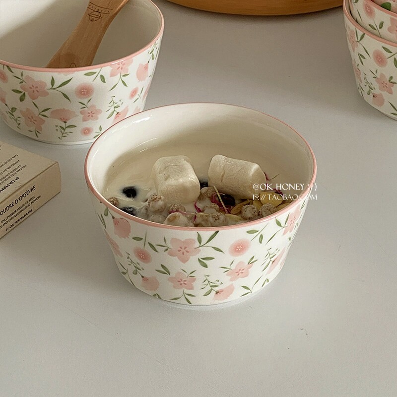 粉色碎花陶瓷米饭碗ins韩式满满4.5英寸碗酸奶燕麦碗盘釉下彩乔