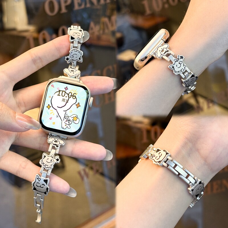 适用苹果手表s11表带小猫钢带s10夏季新款s9小米手环pro卡