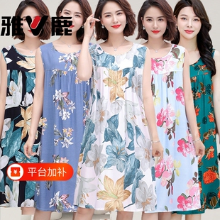雅鹿睡裙人造棉睡衣女夏季棉绸连衣裙加肥大码妈妈装薄宽松家居服