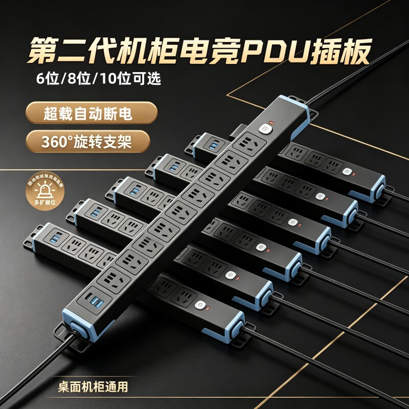 第二代360&deg;旋转过载保护pdu机柜插座排插电源电竞插线板防雷插排