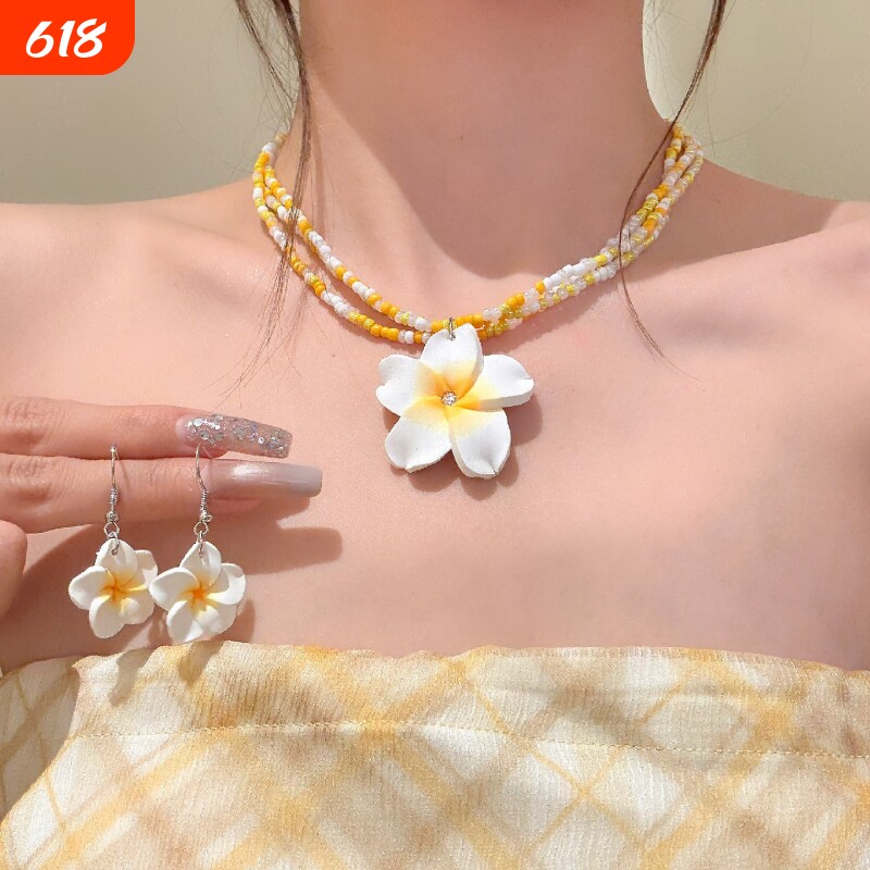 一眼吸睛 黄色鸡蛋花串珠项链耳钉女小众甜美锁骨链海边度假配饰