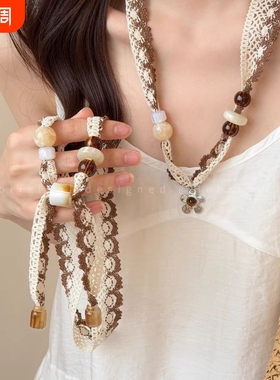 波西米亚蕾丝花朵串珠丝巾项链女小众独特设计锁骨链抽拉长款配饰