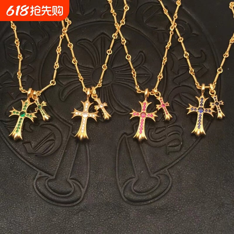 克罗伈双十字架项链22K金色经典款男女欧美嘻哈个性吊坠日常百搭