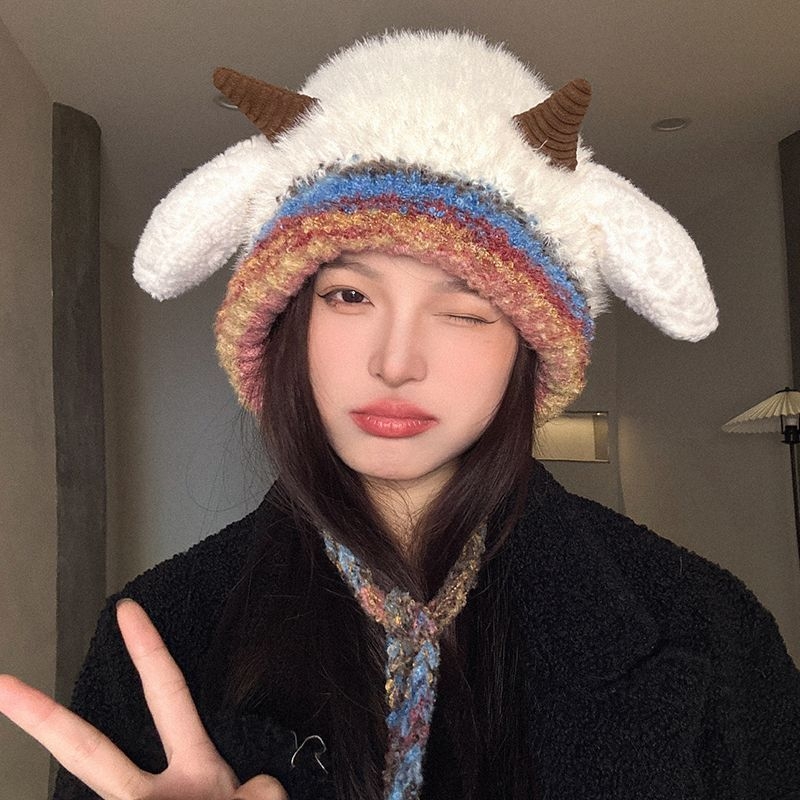 原创小羊耳朵亲子款骑行可爱毛绒针织包头帽女秋冬保暖护耳帽防寒