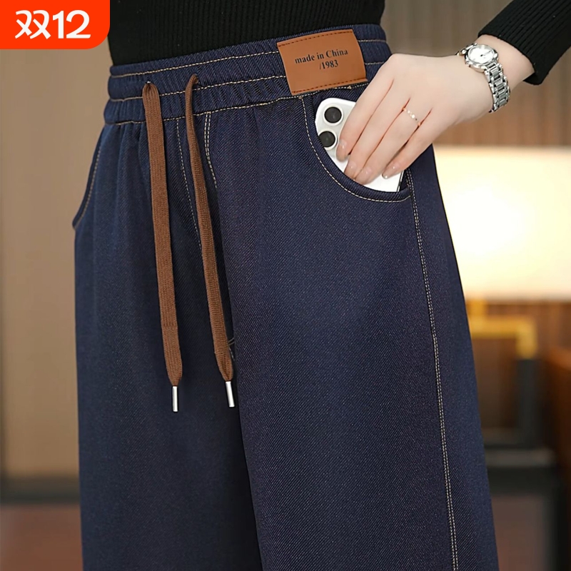 秋冬中老年牛仔风女裤休闲裤女松紧腰加绒加厚宽松显瘦阔腿裤女装