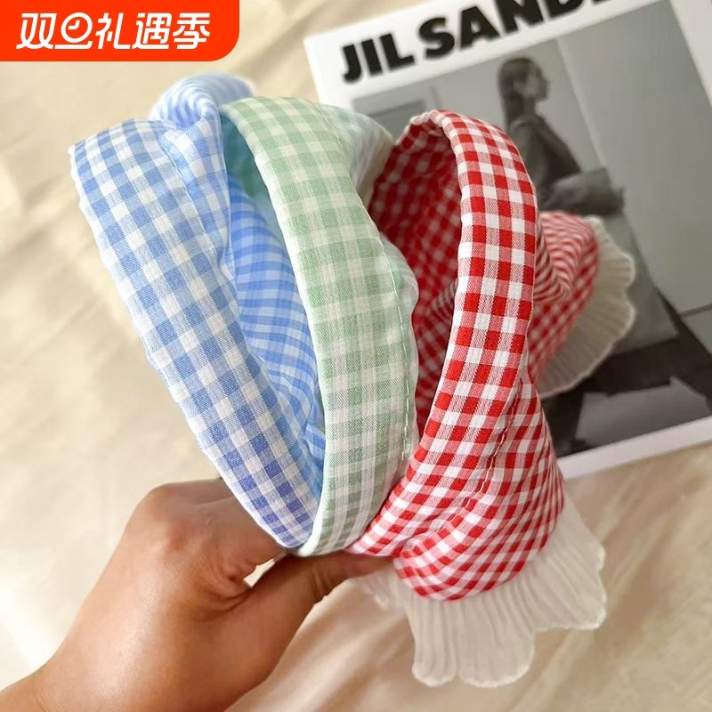 田园风三角头巾女复古蓝色2025新款丝巾包头夏季头饰海边格子发带