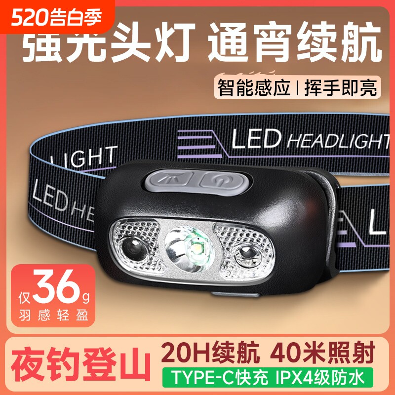 头灯强光充电超亮感应头戴式轻量照明户外钓鱼夜钓手电筒超长续航