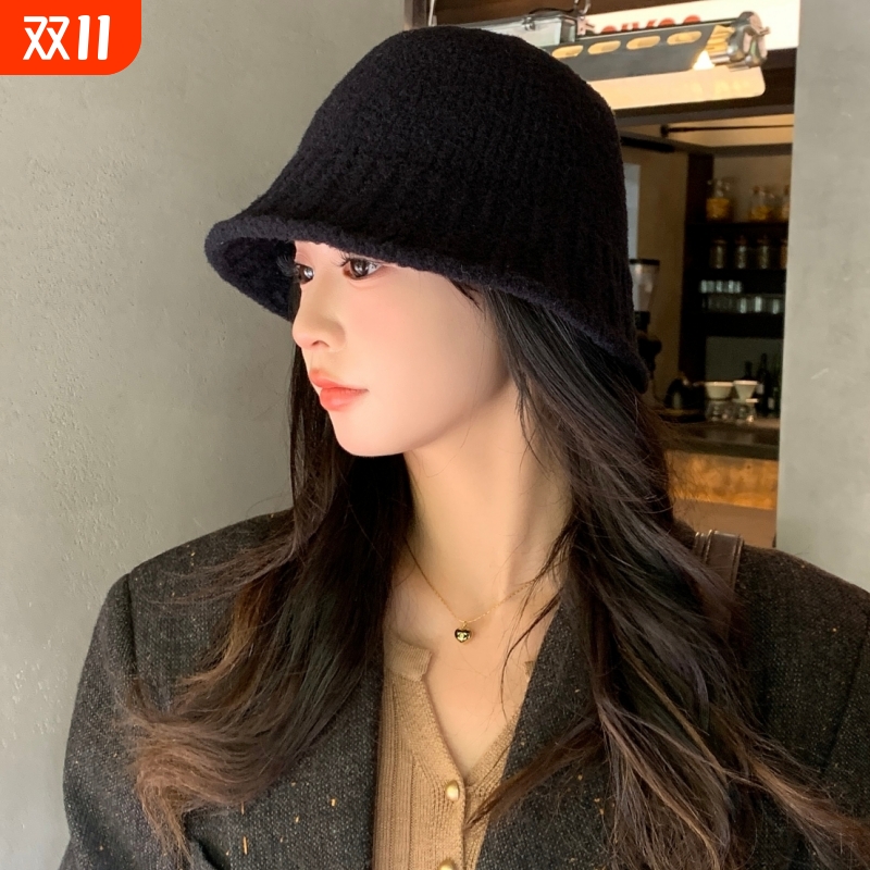 帽子女秋冬日系简约渔夫帽百搭显脸小保暖针织盆帽素颜遮脸水桶帽