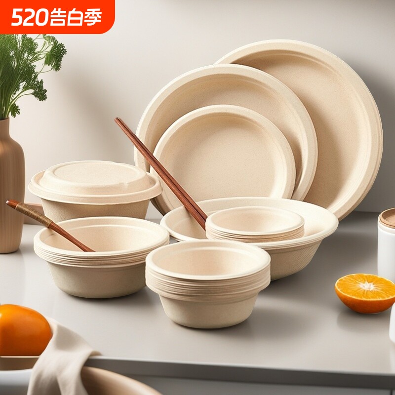 一次性碗纸碗餐具碗筷套装纸盘盘碟子食品级家用餐盘碗盘可降解