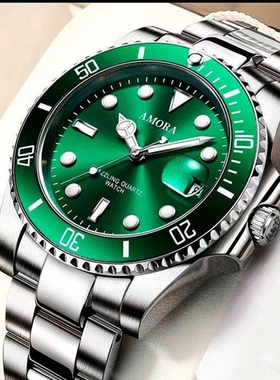 2025时尚全自动非机械石英表商新款夜光男士钢带腕表防水绿色日历