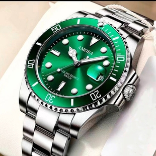 钢带腕表防水绿色日历 夜光男士 2025时尚 全自动非机械石英表商新款