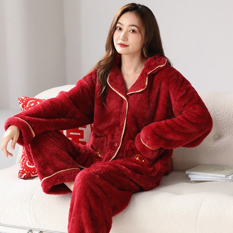 睡衣女士冬季翻领套装珊瑚绒加绒加厚法兰绒保暖学生可外穿家居服