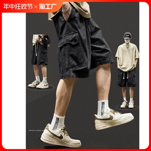 工装短裤男女夏季美式潮牌机能五分裤个性拼接黑色多口袋宽松中裤