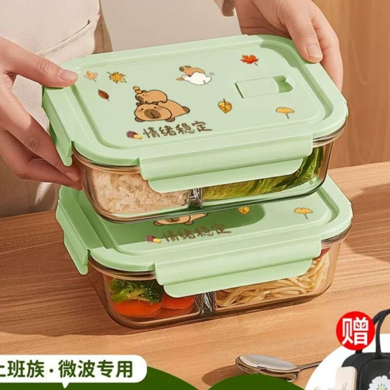 玻璃饭盒可微波炉加热专用上班族带饭保鲜分隔型便当带盖大容量