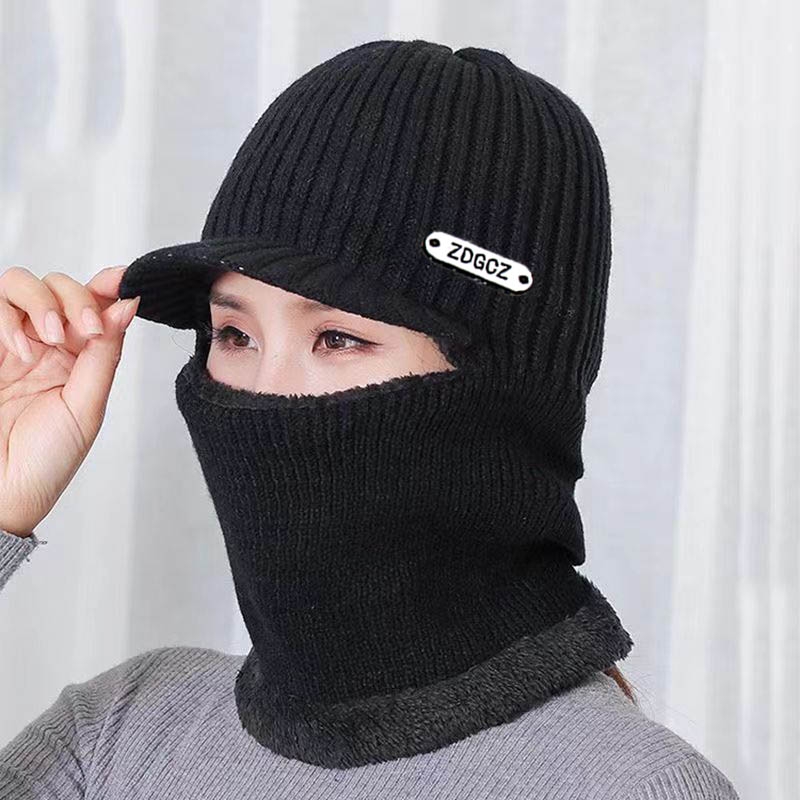 秋冬保暖针织毛线帽子户外骑车防风包头帽加绒围脖一体护耳套头帽