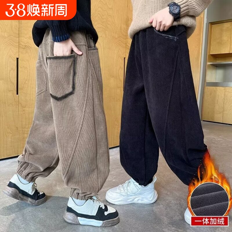 男童裤子秋冬款2026新款冬季中大童灯芯绒一体加绒儿童保暖运动裤
