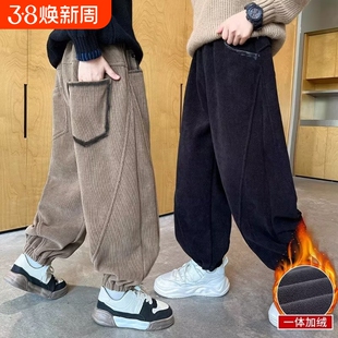 男童裤子秋冬款2026新款冬季中大童灯芯绒一体加绒儿童保暖运动裤