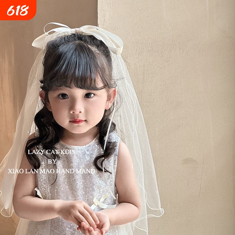 儿童白色头纱生日头饰韩新款女童凹造型拍照写真披纱婚礼花童配饰