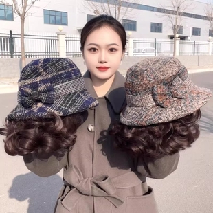 假发帽子一体女秋冬时尚气质短卷发中老年妈妈帽子带假发全头套式