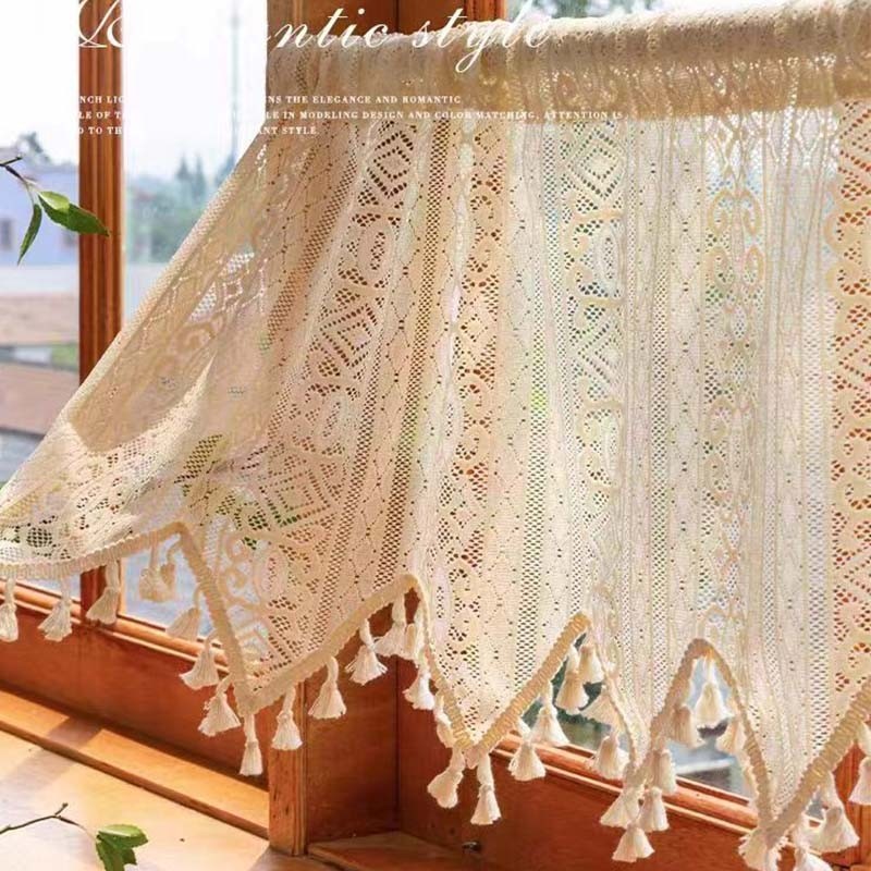 ll美式感门帘厨房窗户遮挡半帘半截窗帘编织流苏隔断免打孔透光