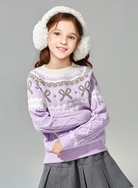童装女童毛衣加厚冬季新款大童女孩针织衫宝宝儿童保暖毛衫紫色