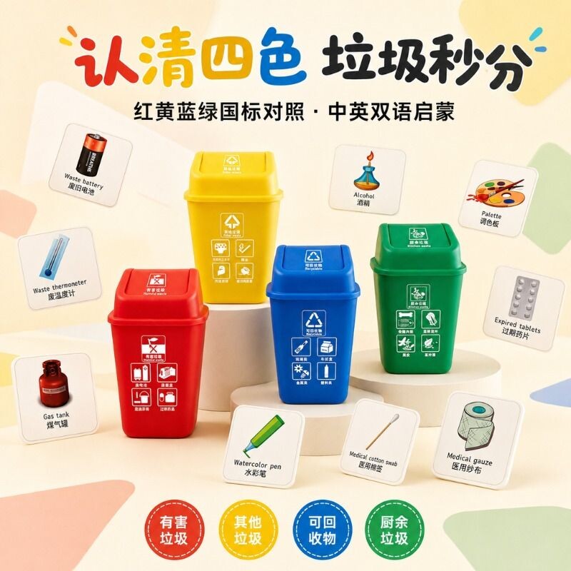 儿童垃圾分类益智玩具垃圾桶亲子幼儿园早教卡片游戏道具认知桌面