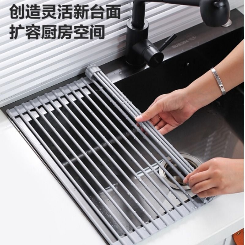 厨房水槽不锈钢沥水架水池置物架碗碟碗盘架沥水卷帘可折叠沥水篮