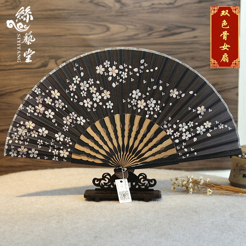 丝艺堂花骨中式扇子礼品手工折扇 真丝木扇清凉扇 古风樱花女扇子